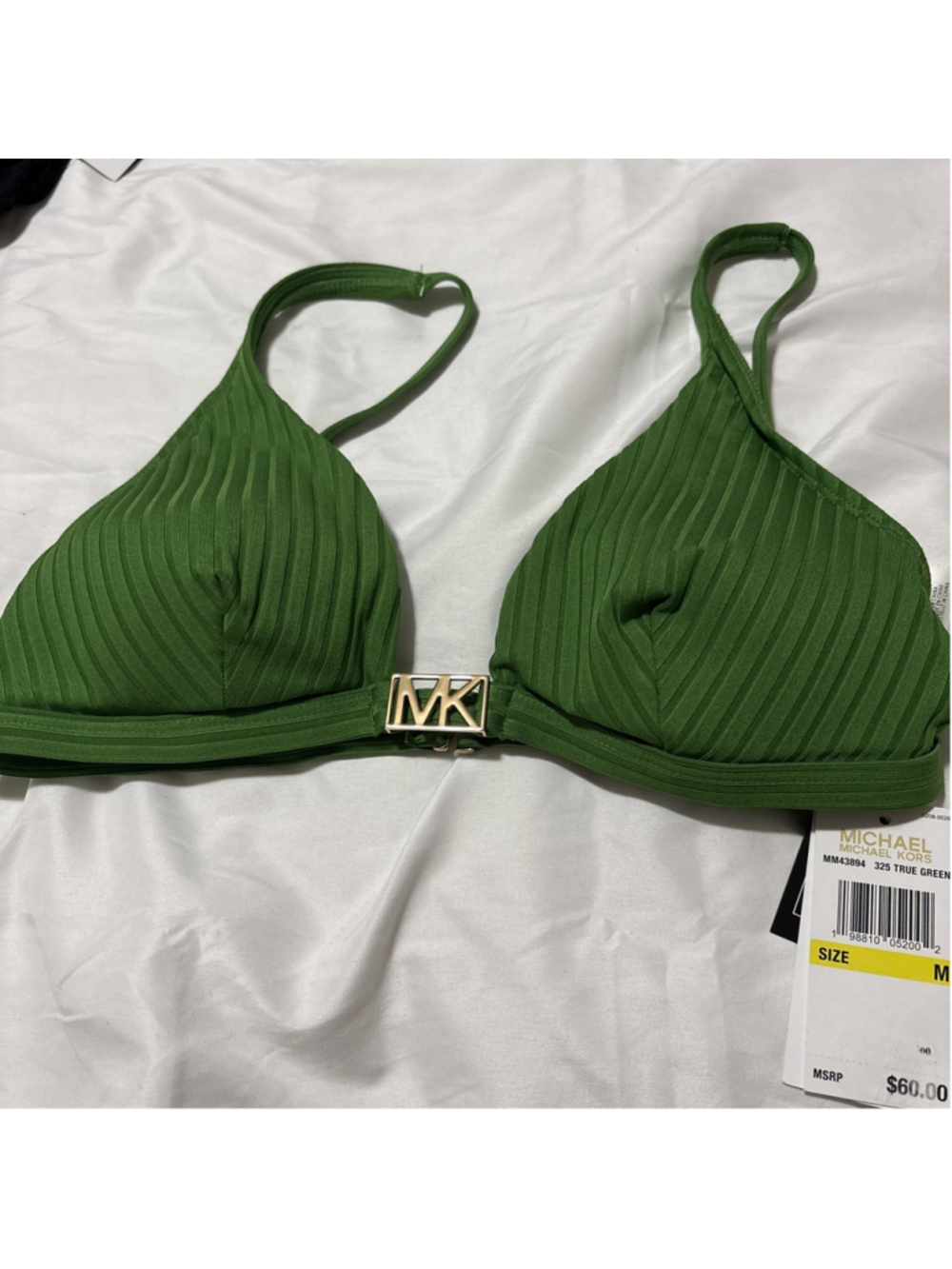MICHAEL Michael Kors Women's Ribbed Hardware V-Neck Bikini Top Green Size M